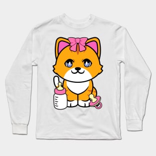 cute baby orange cat wears a pink ribbon Long Sleeve T-Shirt